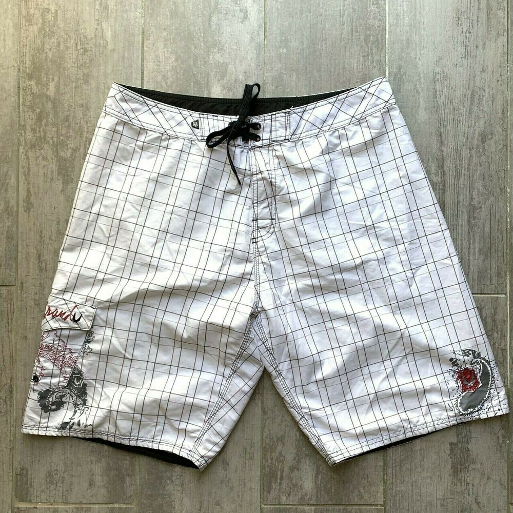 REDSAND White Plaid Board Shorts Swim Trunks Surf Beach California Summer Sz 38